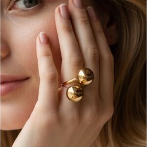 18K Gold Plated Double Ball Ring Adjustable Size 6 7 8 Statement Sheila Fajl